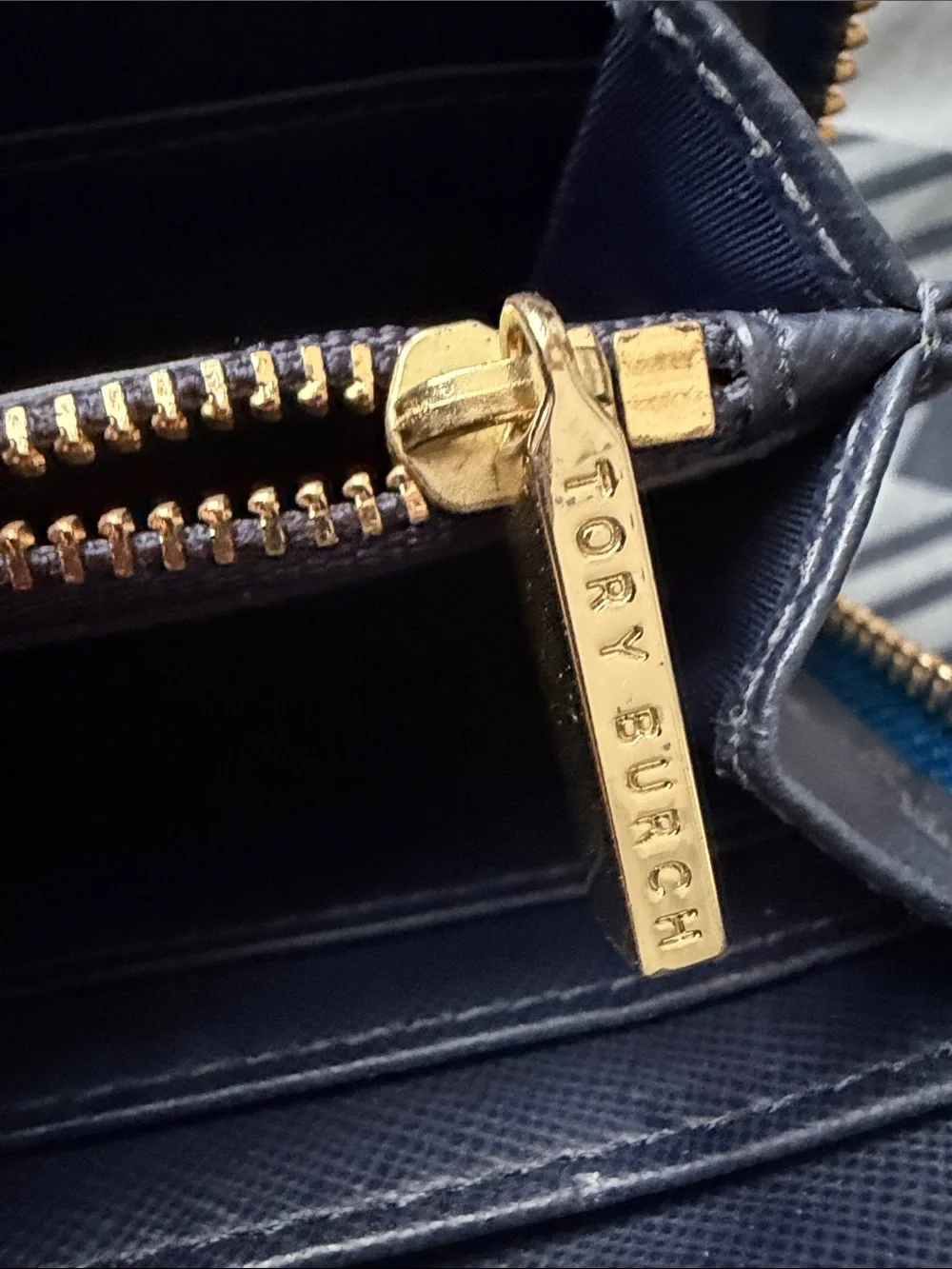 Tory Burch Bright Blue Zip-Around Continental Wallet with Gold Logo
